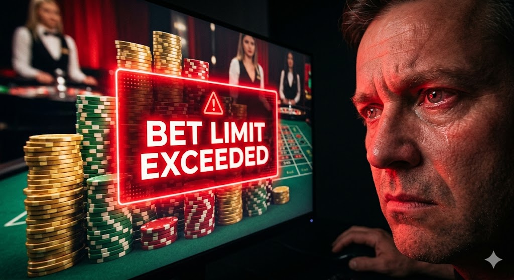 바카라 테이블 화면에 '배팅 한도 초과(Bet Limit Exceeded)'라는 경고 팝업이 떠서 마틴게일 배팅이 막혀 절망하는 플레이어